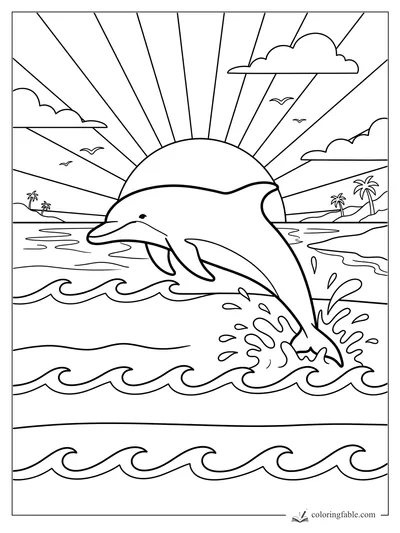 Dolphin jumping from ocean waves at sunrise with clouds, seabirds, islands, and palm trees.