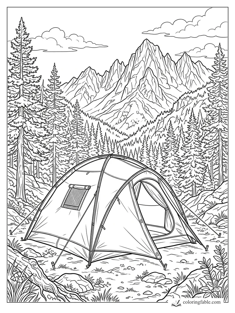 Realistic dome tent in a pine forest campsite with jagged mountains and clouds behind it