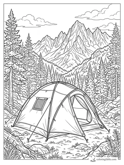 Realistic dome tent in a pine forest campsite with jagged mountains and clouds behind it