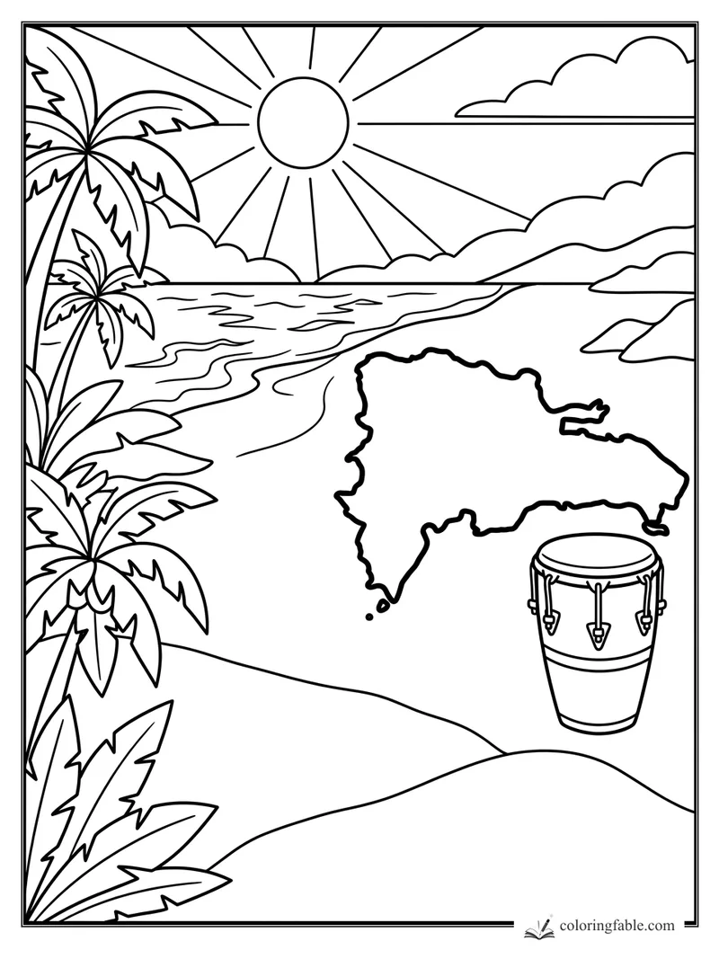 Dominican Republic map on a sunny beach with palm trees, ocean waves, clouds, and a drum.