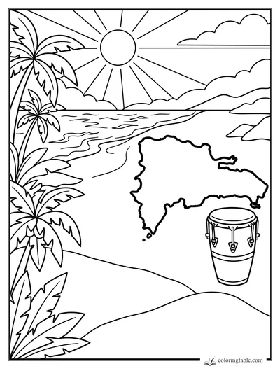 Dominican Republic map on a sunny beach with palm trees, ocean waves, clouds, and a drum.