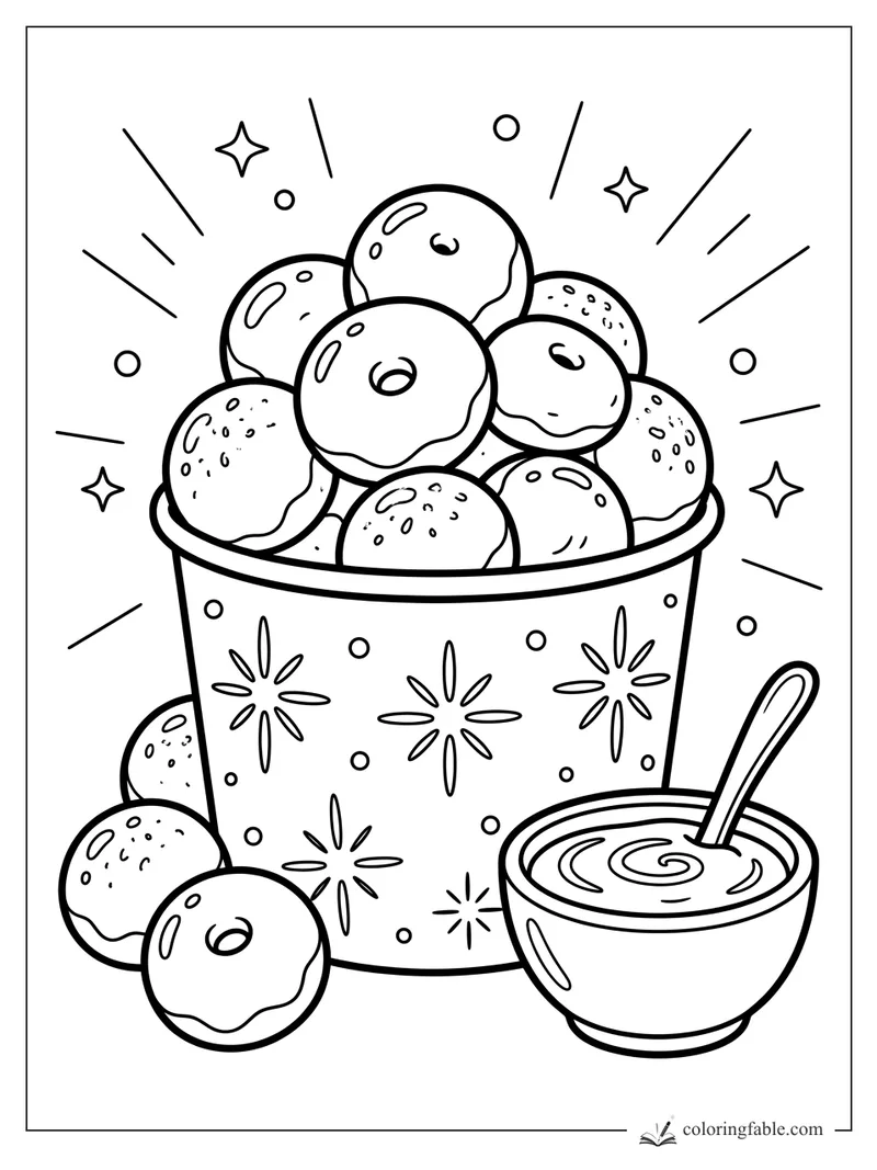 Bucket piled with mini donuts beside a bowl of swirly icing dip and spoon