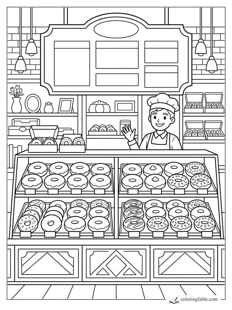 Bakery counter full of donuts with a smiling baker, menu board, pendant lights, and tiled wall.