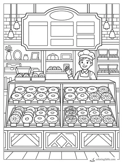 Bakery counter full of donuts with a smiling baker, menu board, pendant lights, and tiled wall.