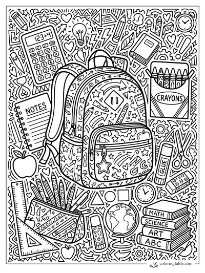 Intricate back-to-school doodle with patterned backpack, calculator, crayons, books, globe, notes, and pencils.