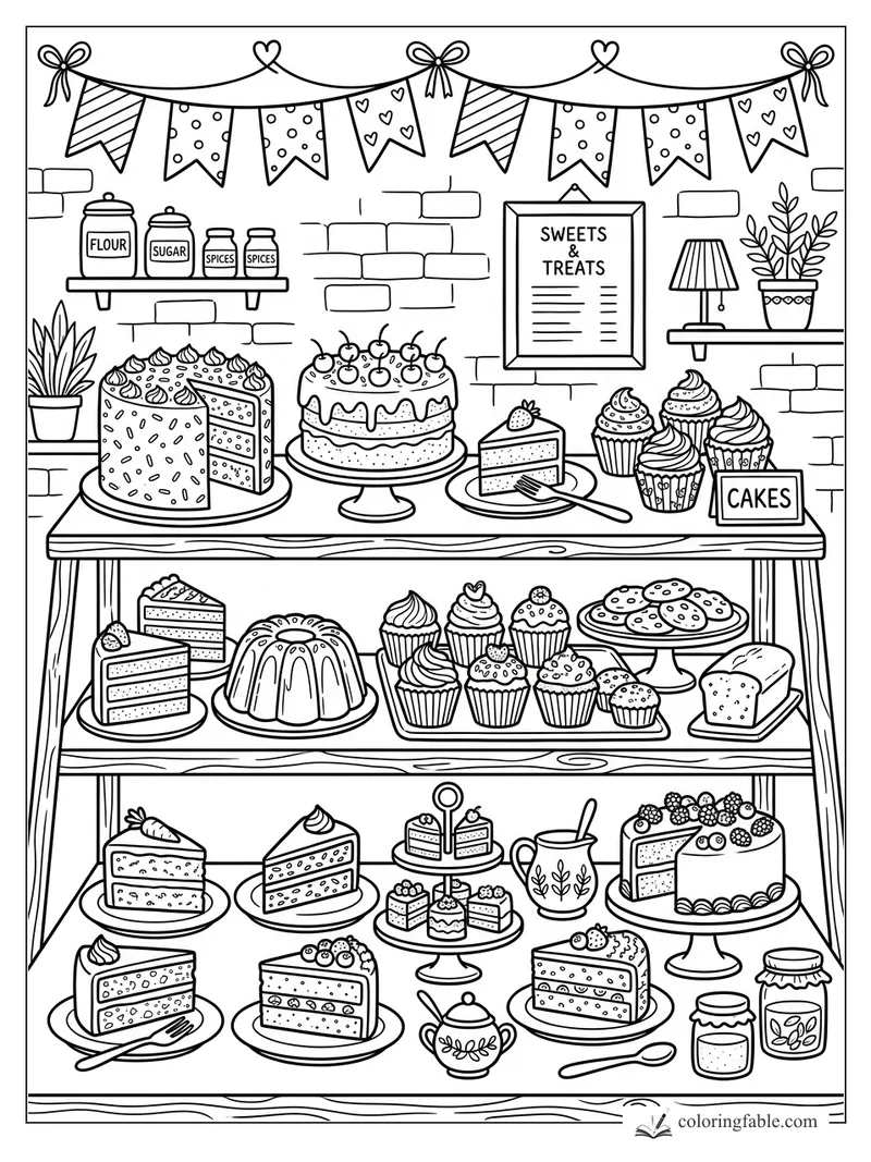 Doodle bakery display with layer cakes, cupcakes, bunting, jars, menu, and cake sign