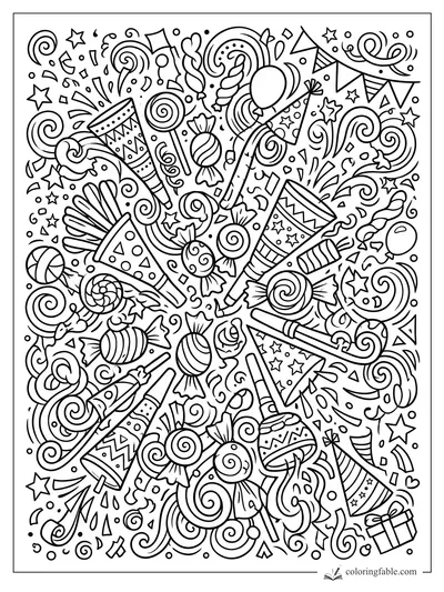 Intricate doodle birthday coloring page with party horns, hats, balloons, candy, stars, and confetti.