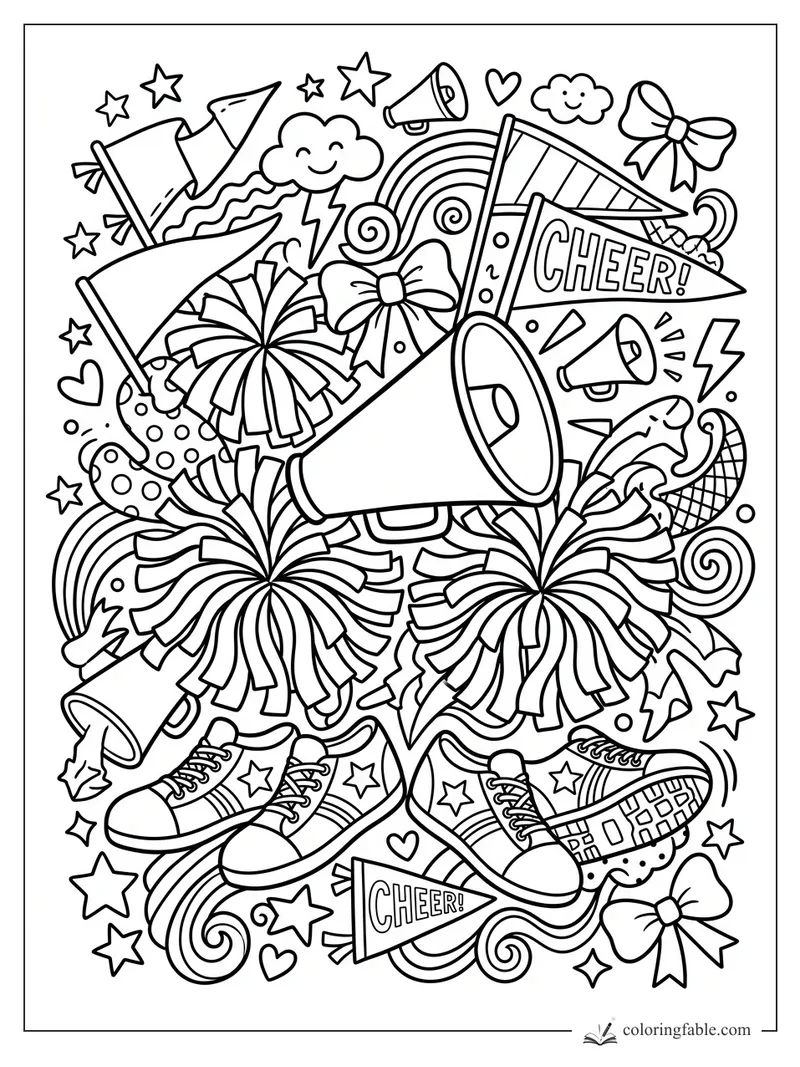 Doodle cheer coloring page with pom-poms, sneakers, megaphones, pennants, bows, stars, and rainbows.