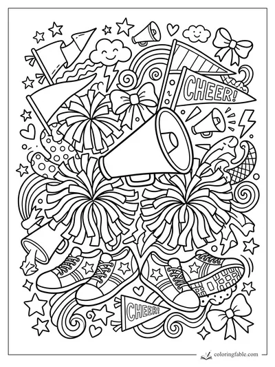 Doodle cheer coloring page with pom-poms, sneakers, megaphones, pennants, bows, stars, and rainbows.