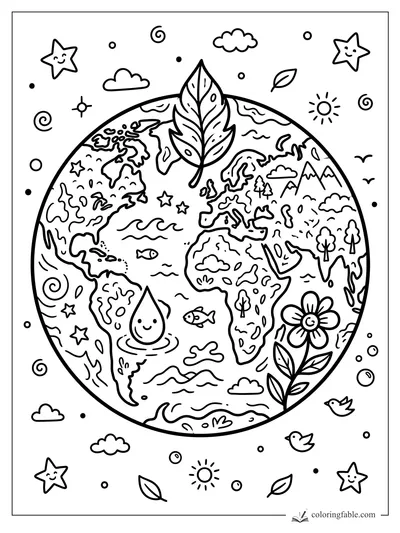 Doodle Earth coloring page with continents, a large leaf, smiling water drop, flower, stars, clouds, and birds