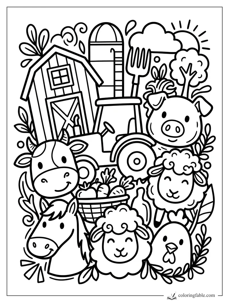 Intricate doodle farm coloring page with barn, tractor, cow, horse, pig, sheep, chick, basket of carrots, and sun.
