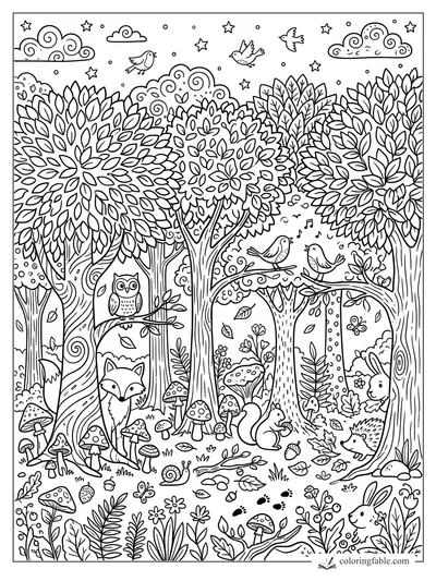 Doodle forest coloring page with leafy trees, fox, owl, birds, rabbits, squirrel, hedgehog, stars, and mushrooms