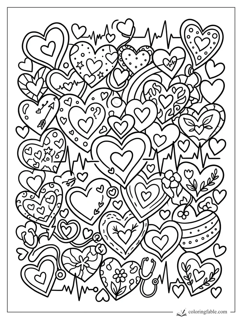 Doodle heart coloring page with EKG lines, arrows, flowers, dots, leaves, and layered hearts.