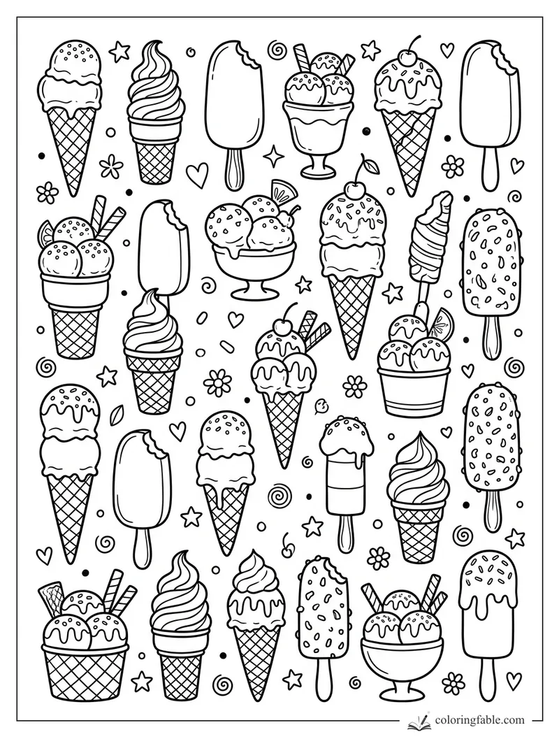Intricate doodle coloring page of ice cream cones, popsicles, sundaes, stars, hearts, and swirls.