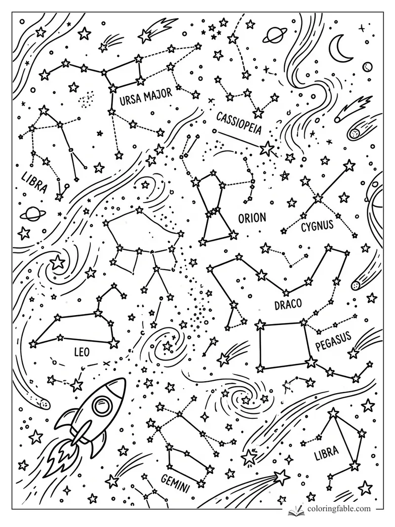 Doodle space coloring page with a rocket, comets, galaxies, and labeled constellations like Orion and Draco.