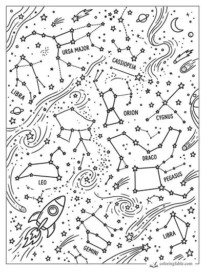 Doodle space coloring page with a rocket, comets, galaxies, and labeled constellations like Orion and Draco.