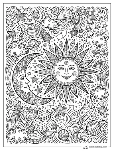 Intricate doodle sun and crescent moon with stars, clouds, planets, constellations, and swirling sky patterns.