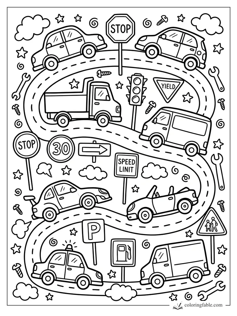 Doodle cars and vans driving on a winding road with stop, yield, parking, and speed limit signs.