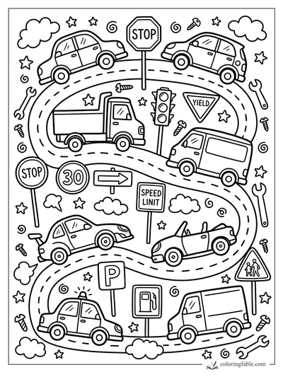 Doodle cars and vans driving on a winding road with stop, yield, parking, and speed limit signs.