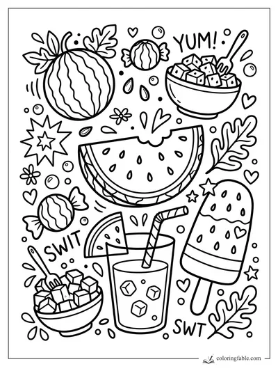 Doodle watermelon coloring page with slices, bowls, drink, popsicle, leaves, hearts, and YUM lettering.