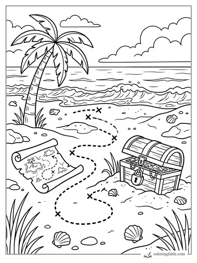 Pirate treasure map, dotted trail, open coin chest, palm tree, shells, waves, and clouds on a beach