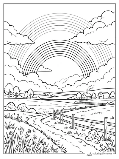 Double rainbow coloring page over clouds, farm fields, fence, creek, cottages, trees, and wildflowers.