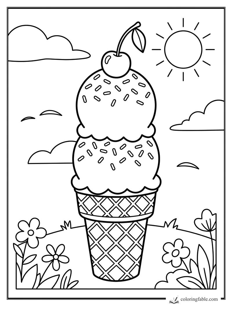 Double-scoop ice cream cone with sprinkles, cherry, sun, clouds, flowers, and waffle cone pattern.