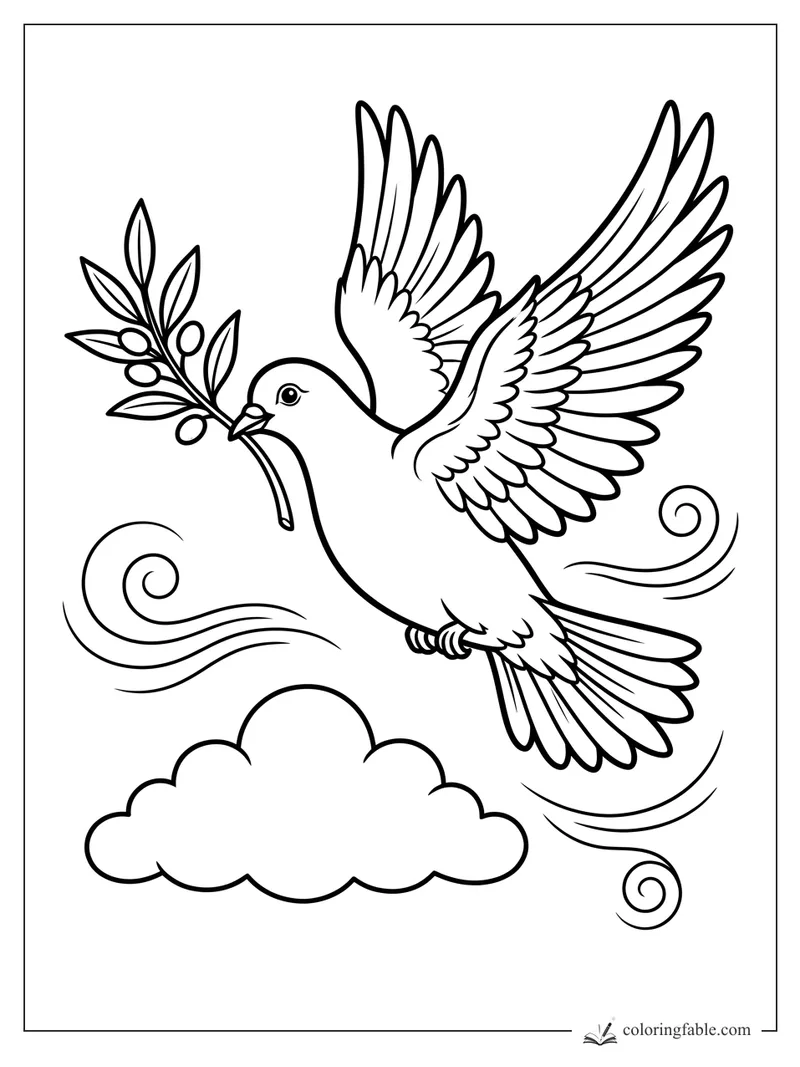 Dove flying with an olive branch, wide feathered wings, wind swirls, and a puffy cloud below.