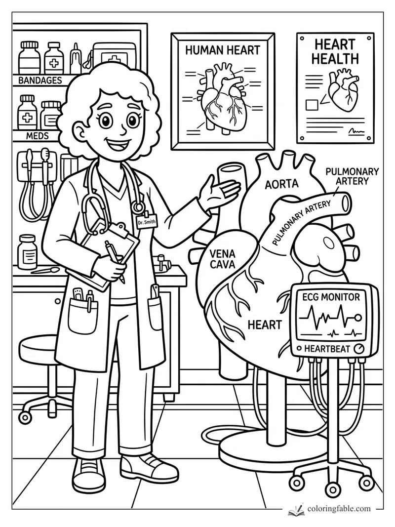 Cartoon Dr. Smith with a giant labeled heart model, ECG monitor, medical shelves, and heart health posters.