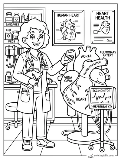 Cartoon Dr. Smith with a giant labeled heart model, ECG monitor, medical shelves, and heart health posters.