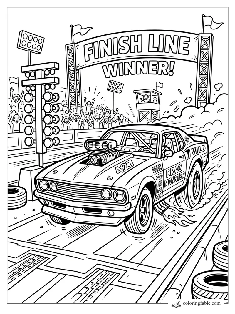 Cartoon muscle car 427 Drag Monster crossing a winner finish line at a drag strip with cheering crowd