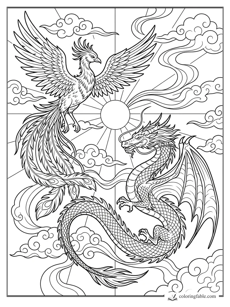 Detailed dragon and phoenix flying around a sun with swirling clouds and wind ribbons