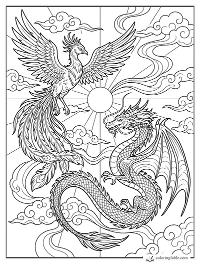 Detailed dragon and phoenix flying around a sun with swirling clouds and wind ribbons