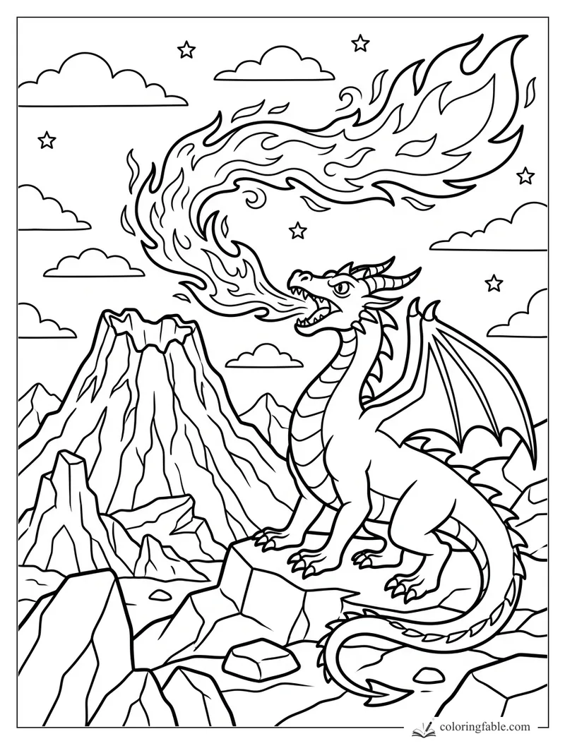 Cartoon dragon on rocks breathing a huge flame beside a volcano, clouds, mountains, and stars