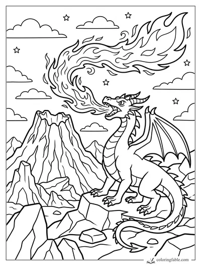 Cartoon dragon on rocks breathing a huge flame beside a volcano, clouds, mountains, and stars
