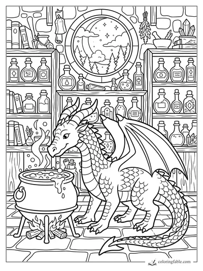 Dragon stirring a bubbling cauldron in a potion shop with shelves of bottles and a round moonlit window