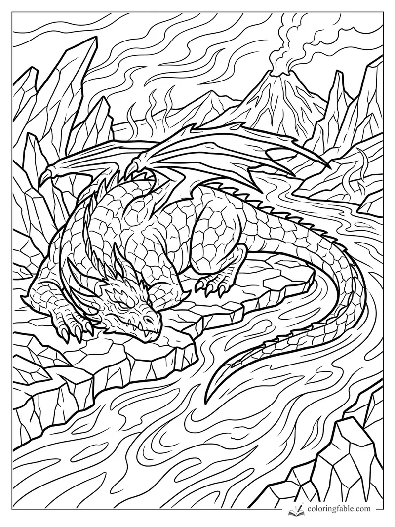 Dragon crouched on cracked rocks amid lava streams, crystal spires, and a smoking volcano