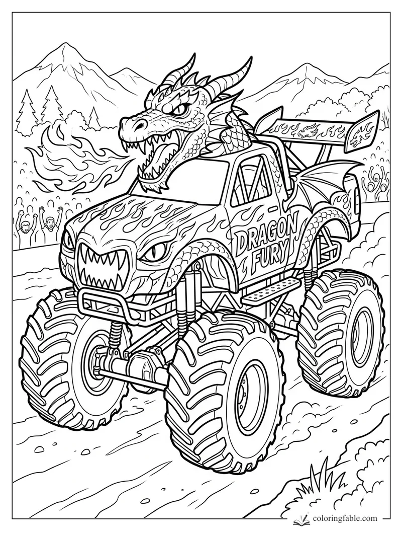 Dragon Fury monster truck with dragon head, flame decals, huge tires, mountains, and cheering crowd