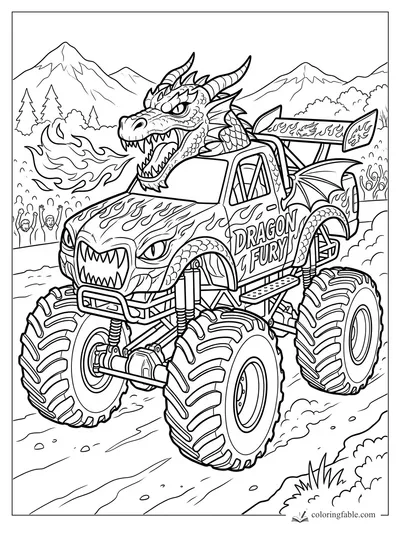 Dragon Fury monster truck with dragon head, flame decals, huge tires, mountains, and cheering crowd