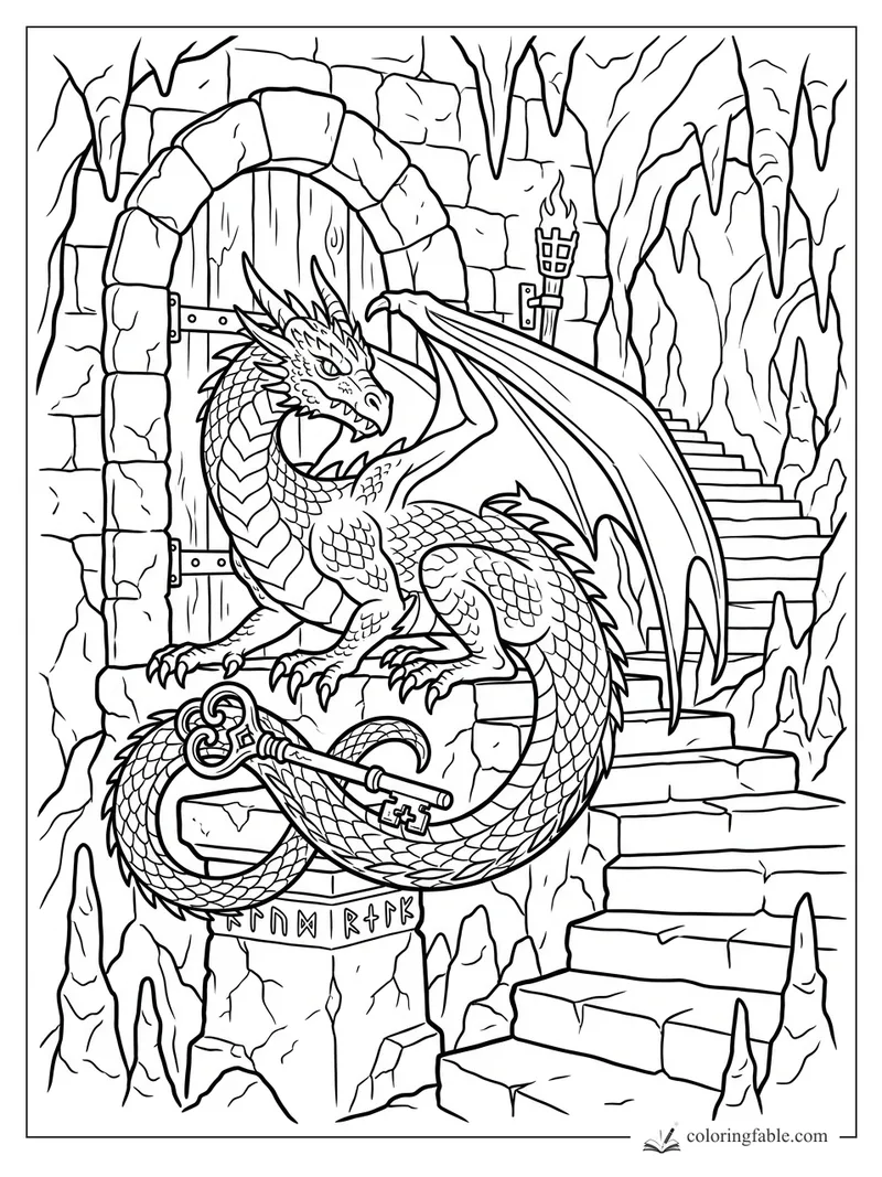Dragon with a large key before a stone door, cave stairs, stalactites, and a burning torch
