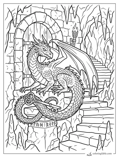 Dragon with a large key before a stone door, cave stairs, stalactites, and a burning torch
