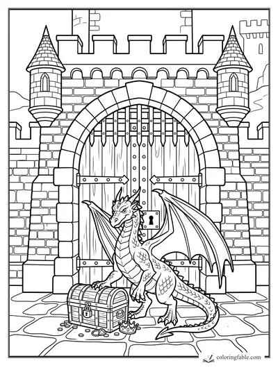 Dragon beside a treasure chest in front of a castle gate with towers, brick walls, and a crown.