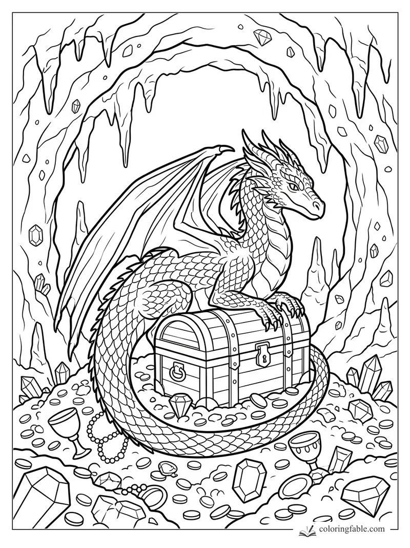 Dragon perched on a locked treasure chest inside a crystal cave filled with coins and goblets