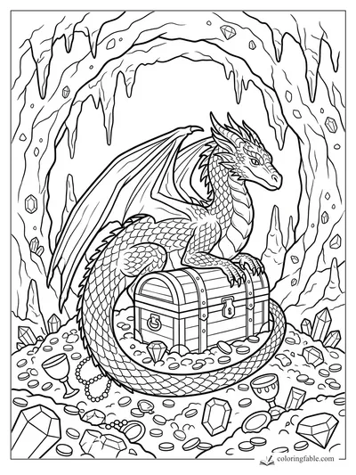 Dragon perched on a locked treasure chest inside a crystal cave filled with coins and goblets