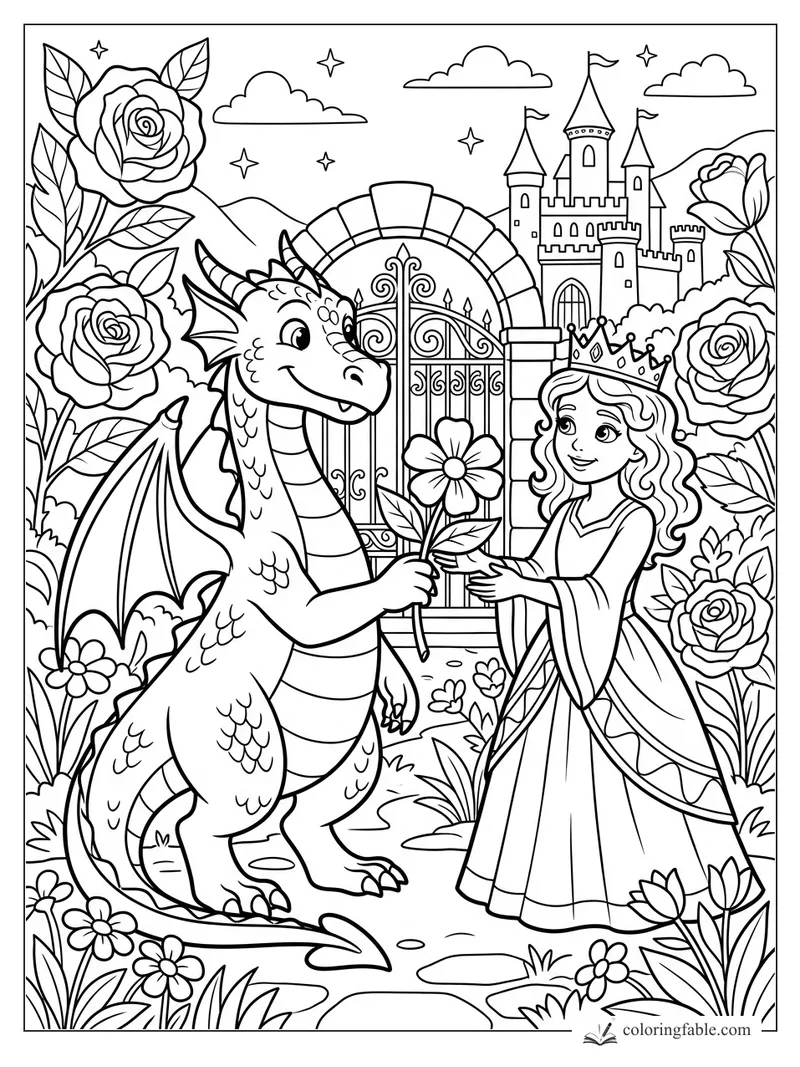 Smiling dragon gives a flower to a crowned princess by a castle gate and rose garden.