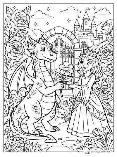 Smiling dragon gives a flower to a crowned princess by a castle gate and rose garden.