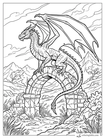 Realistic dragon perched on a cracked stone arch above mountains, clouds, shrubs, and a winding path