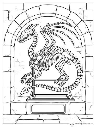 Dragon skeleton on a museum stand beneath a cracked stone arch coloring page