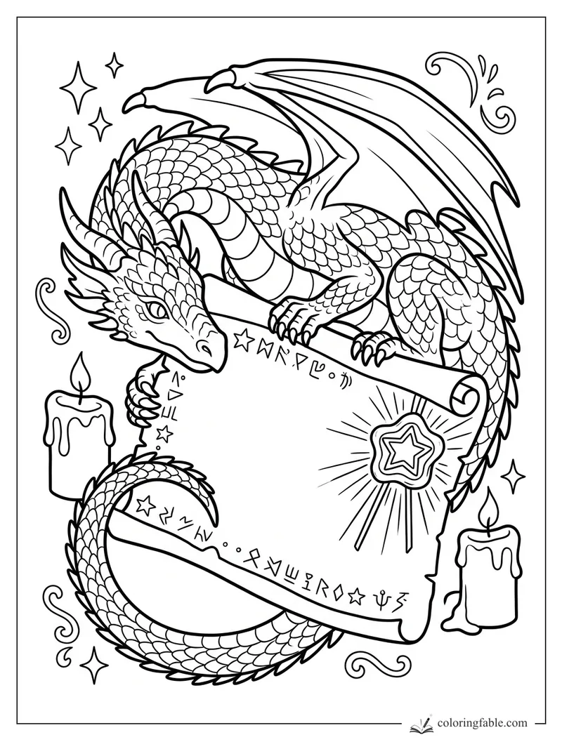 Scaly dragon curling around a rune-covered scroll with candles, stars, wings, and a glowing seal