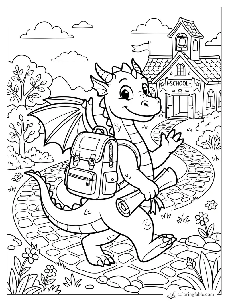 Smiling cartoon dragon with backpack and scroll walking on a cobblestone path to school